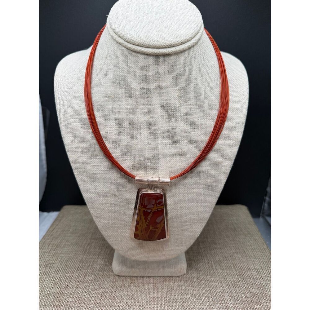 Bold Red Multi-Strand Wire Necklace w/ Large Abstract Art Pendant – Boho Stateme